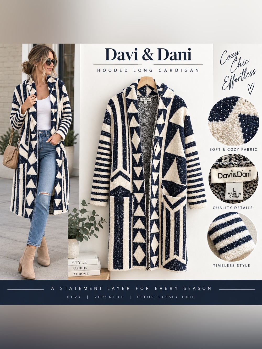 Davi & Dani Navy Cream Geometric Hooded Long Cardigan Duster L
